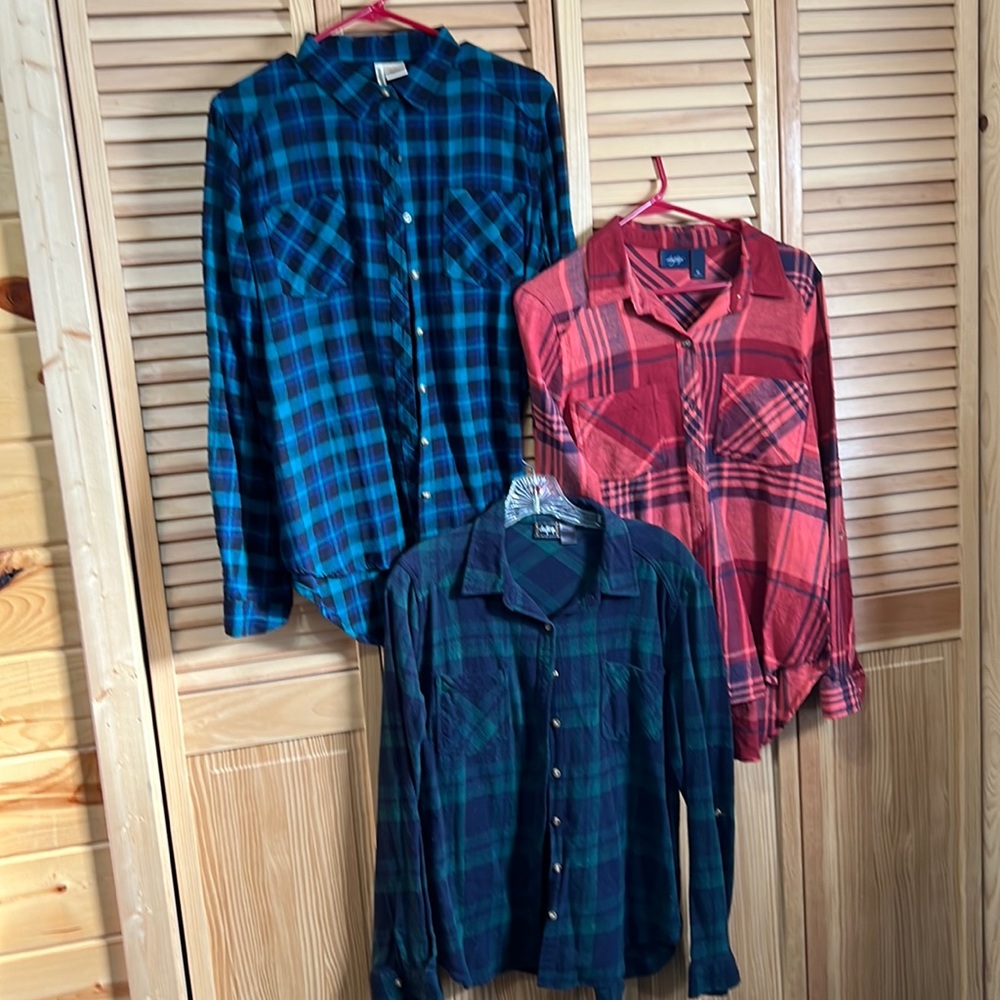 DAYTRIP (2). PASSPORT (1).  THREE PLAID SHIRTS BUNDLE. ALL SIZE LARGE.